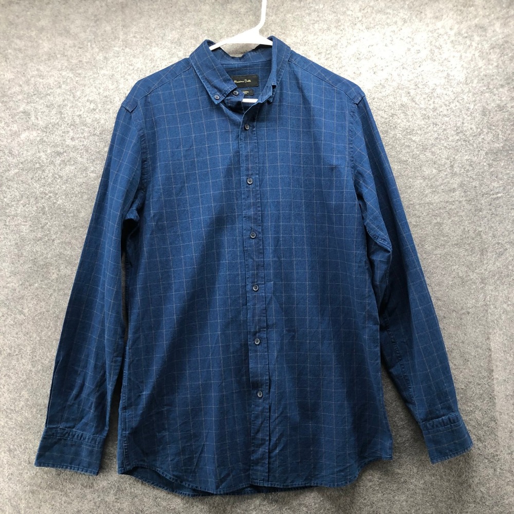 Massimo Dutti Mens Blue Plaid Windowpane Button Down Long Sleeve Shirt Finest